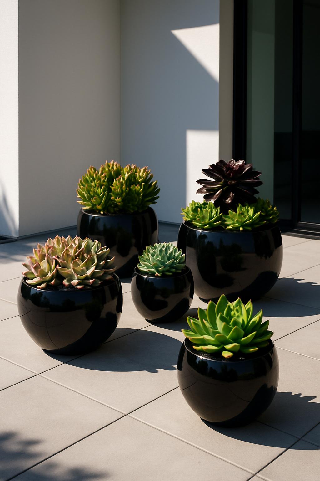 Alternative Text: Decorative floor pots with green succulent plants sit on the floor on a tile patio, with the front corne...