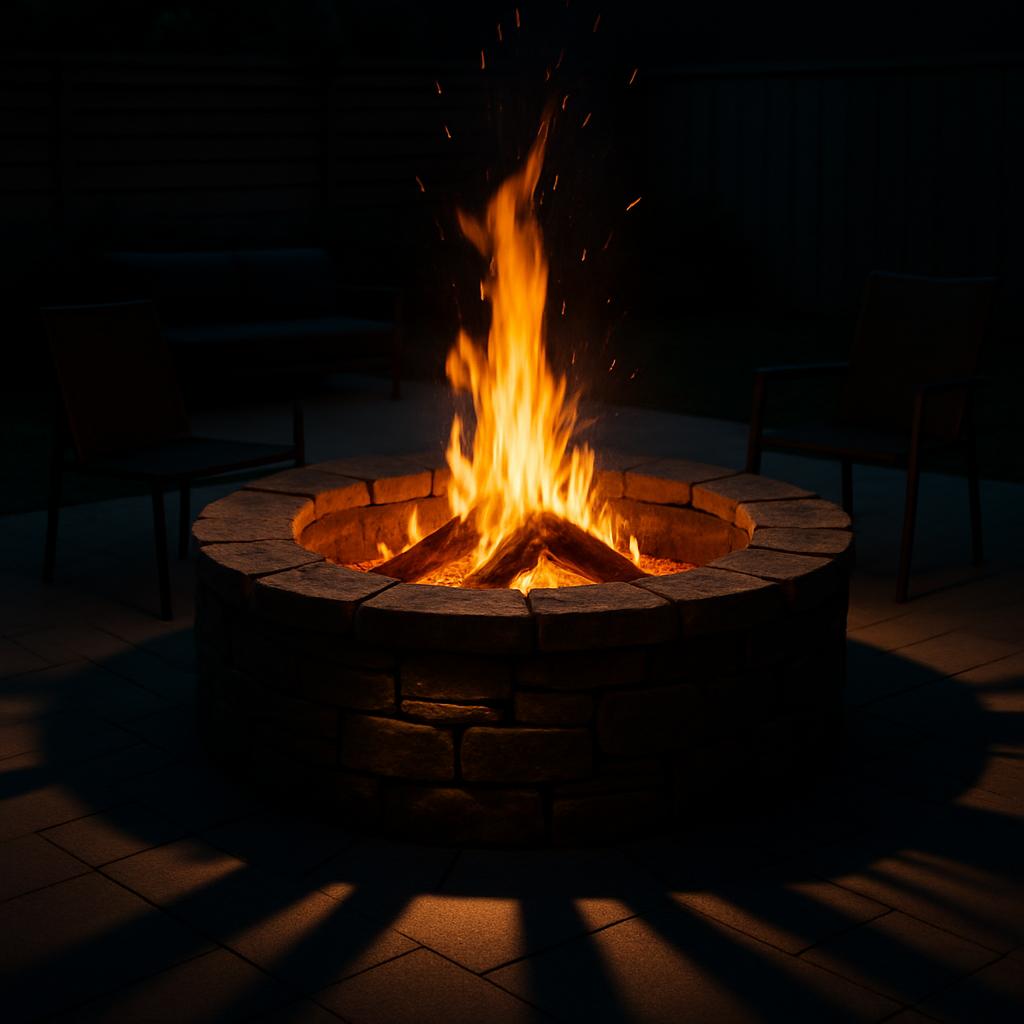Open flame burning inside a stone fire pit in a patio with shadows at night.