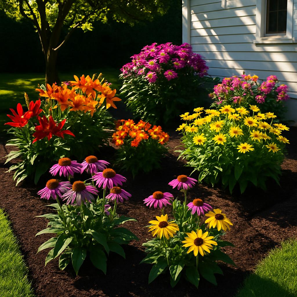 A well-manicured flower bed featuring a mix of growing plants. Neary, but not centered, is a white clapboard building unde...