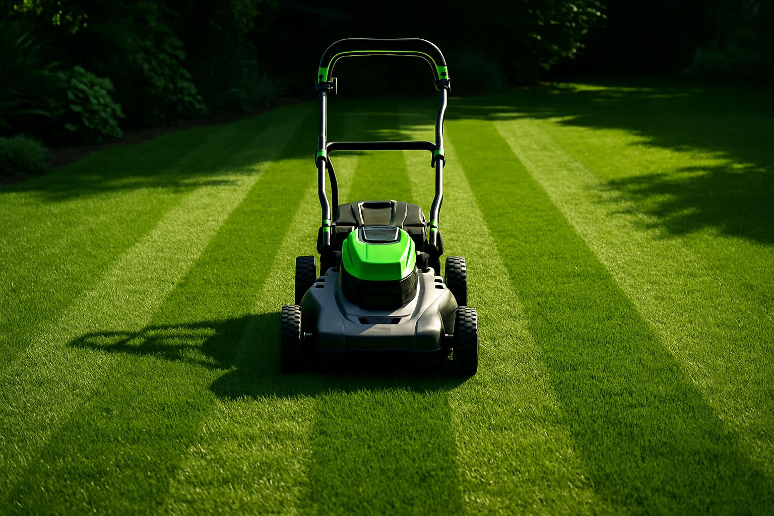 The alt text for the image is: "Lawn mower cutting green grass with stripes in a well-manicured landscape".