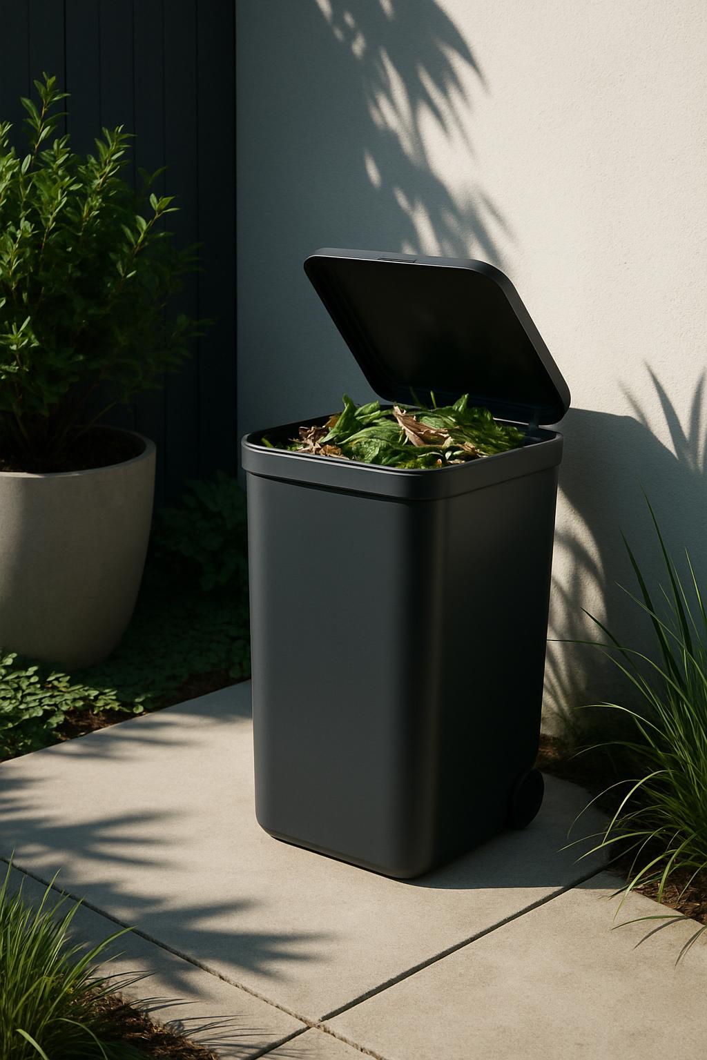 The image depicts an open trash can filled with leafy plants near a white wall, a plant in a beige pot, and a light brown ...